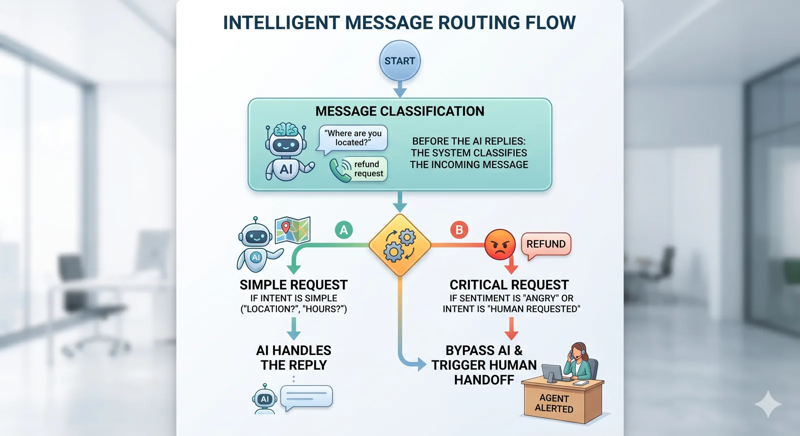 Flow diagram showing how an incoming WhatsApp message is classified, routed to either AI or a human agent, and handed off with full context.