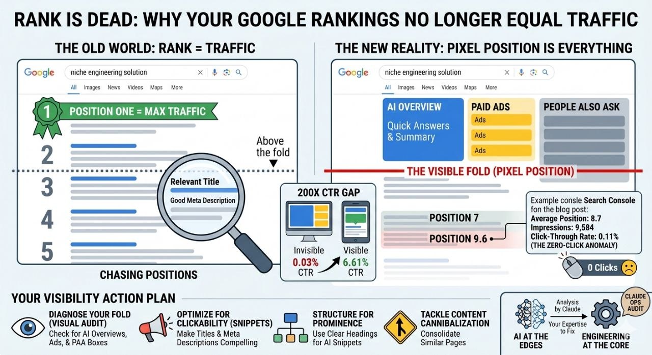 Search Console data showing healthy rankings but near-zero click-through